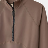 Cloudline 1/2 Zip Long Sleeve Top in Taupe – Close-Up of Front Zipper and Seam Detail