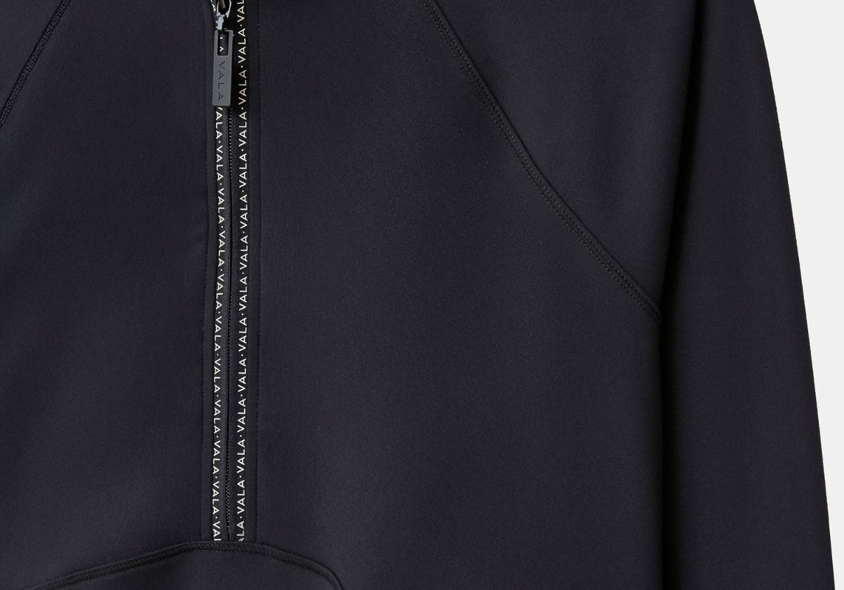 Cloudline 1/2 Zip Long Sleeve Top in Black – Close-Up of Front Zipper and Seam Detail