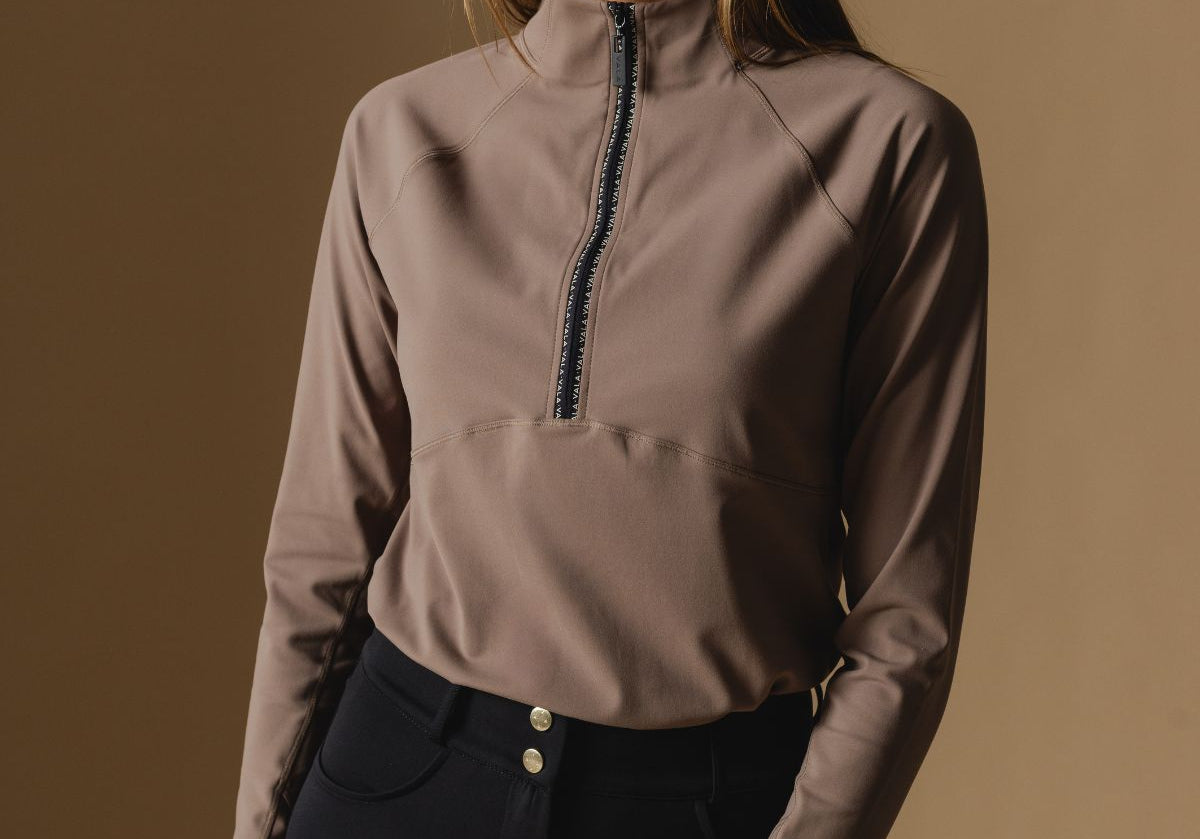 Cloudline 1/2 Zip Long Sleeve Top in Taupe – Front 