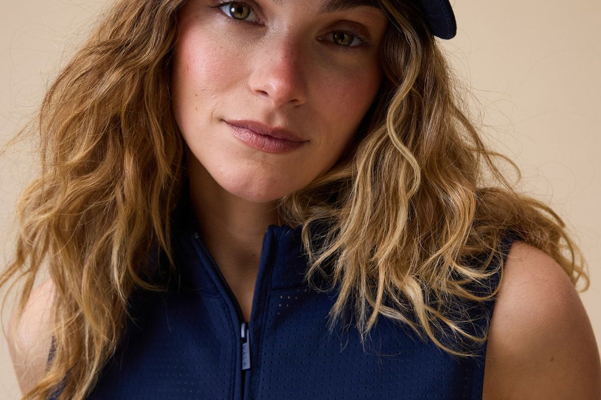 Elsa Mesh Sleeveless Zip in Navy - Details