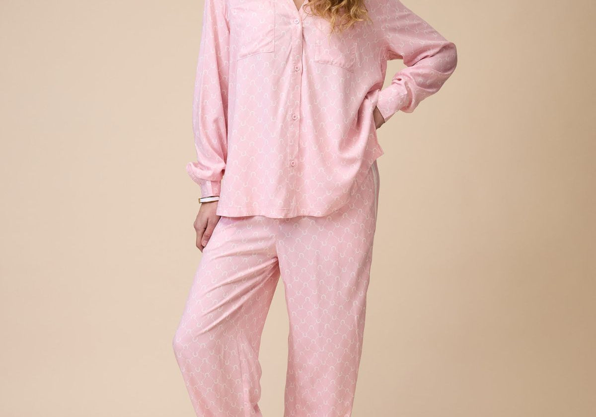 Horseshoe Long Pyjama Set in Pastel Pink - Front