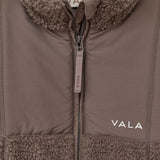 Milla Sherpa Quilted Jacket in Taupe – Front Logo and Zipper Detail