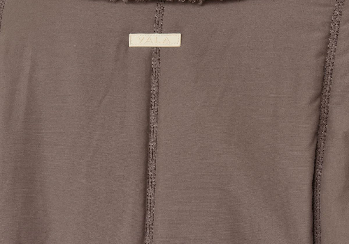 Milla Sherpa Quilted Jacket in Taupe – Back Logo and Quilted Panel Detail