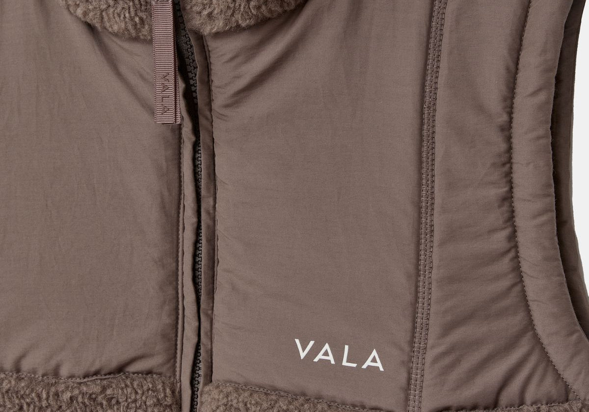 Milla Sherpa Quilted Vest in Taupe – Quilted Panel and VALA Logo Detail