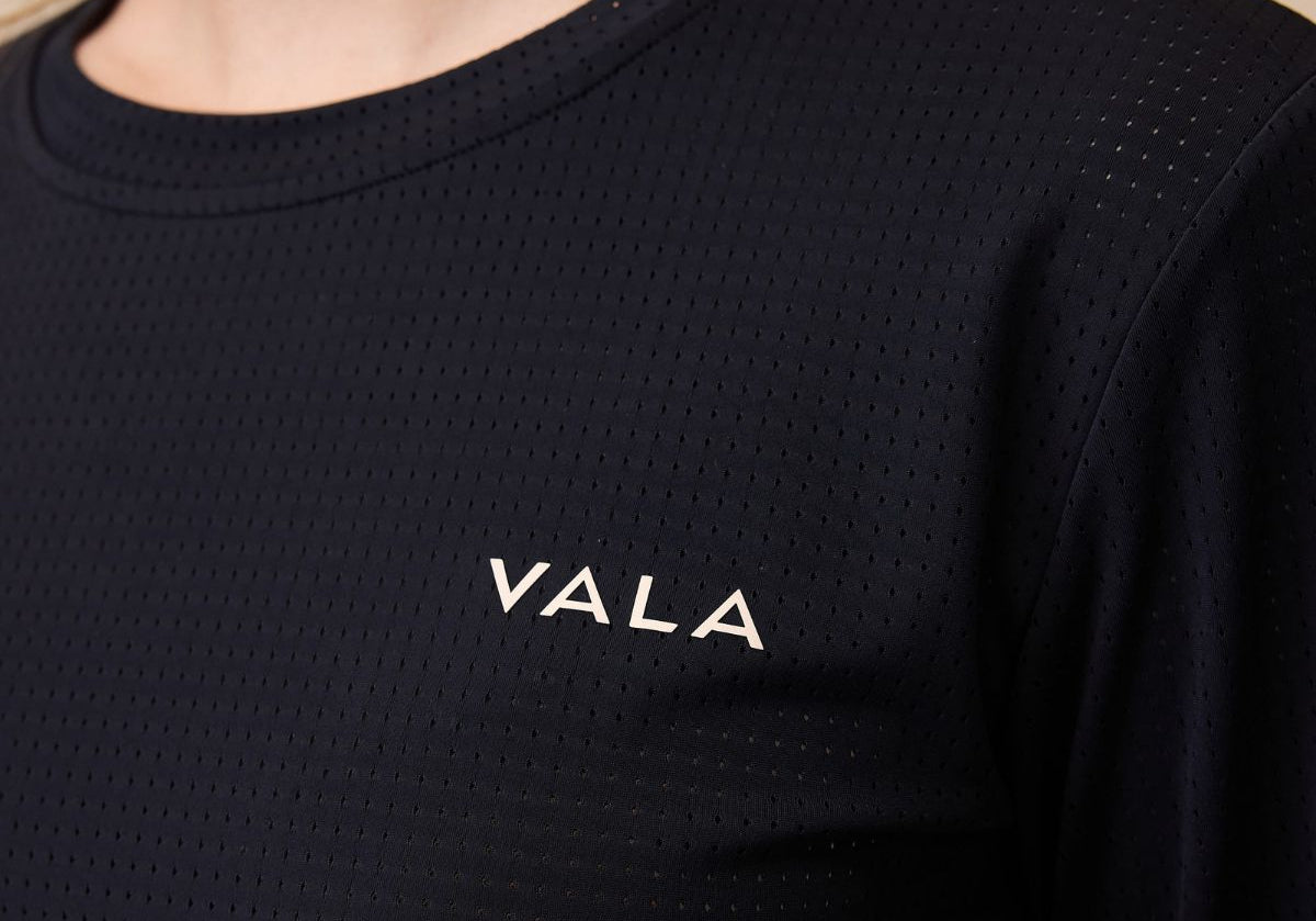 VALA Mesh Long Sleeve Tee in Black - Logo Details