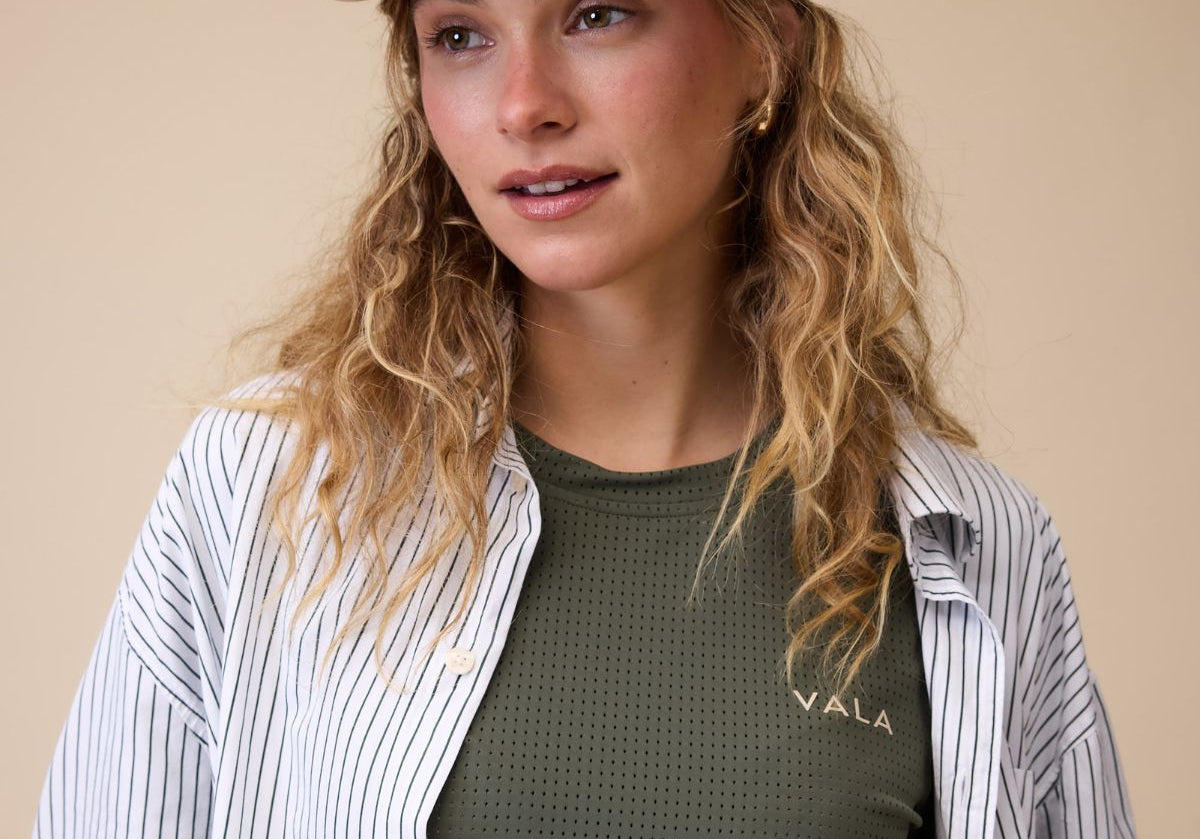 VALA Mesh Long Sleeve Tee in Olive - Close up