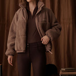 Milla Sherpa Quilted Jacket - Taupe Front Details